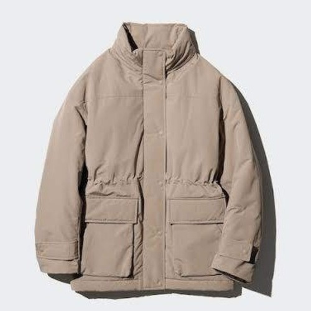 Uniqlo Hybrid Down Parka Women L Beige Puffer Jacket Hooded Coat Gorpcore Winter